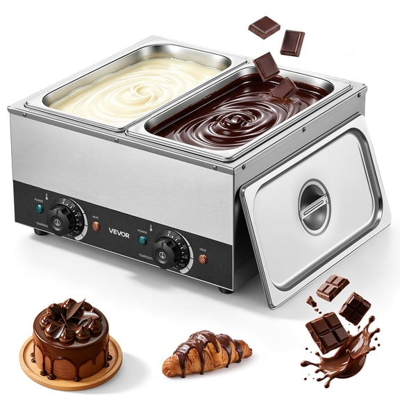 VEVOR 2-Temp Knob Chocolate Melting Machine, 2 Tanks 17.6 Lbs Choc Melter, 1600W Power, Independent Temp Control, Water Bath Heat System, Stainless Steel, 86℉ - 185℉, Cheese Warmer, Commercial & Home