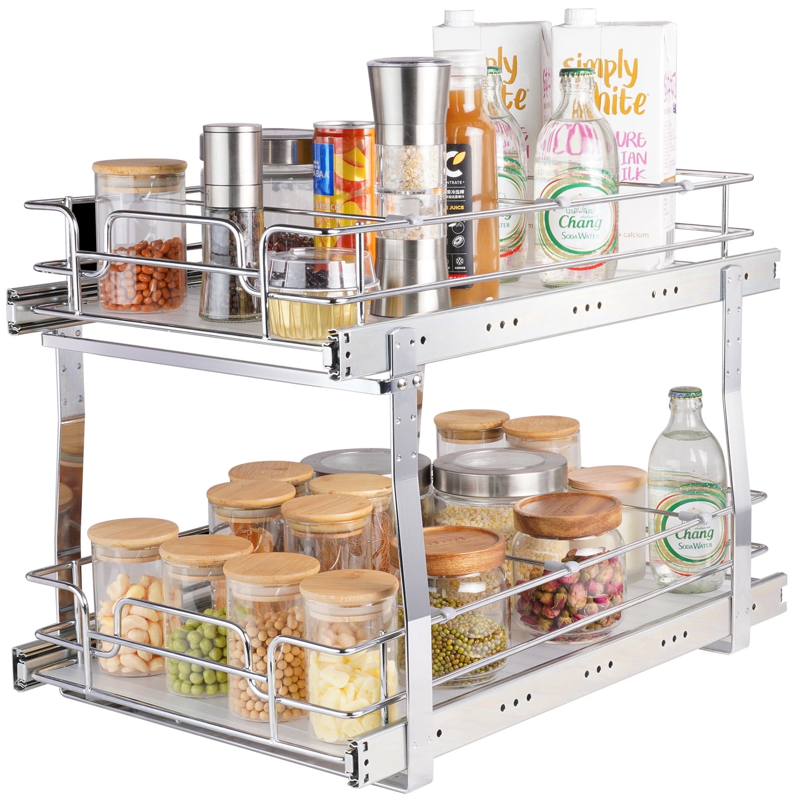 VEVOR 2 Tier 14"Wx21"Dx15"H Pull Out Cabinet Organizer, Heavy Duty Slide Out Pantry Shelves, Steel Roll Out Drawers, Sliding Drawer Storage for Home, 15.5"Wx22"Dx18"H Install Size for Cabinet