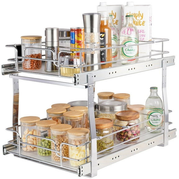 VEVOR 2 Tier 14"Wx21"Dx15"H Pull Out Cabinet Organizer, Heavy Duty Slide Out Pantry Shelves, Steel Roll Out Drawers, Sliding Drawer Storage for Home, 15.5"Wx22"Dx18"H Install Size for Cabinet