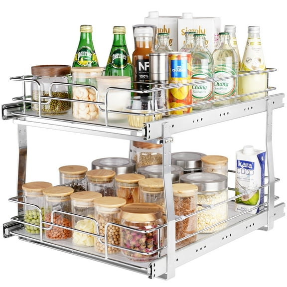 VEVOR 2 Tier 17"Wx21"Dx15"H Pull Out Cabinet Organizer, Heavy Duty Slide Out Pantry Shelves, Steel Roll Out Drawers, Sliding Drawer Storage for Home, 18.5"Wx22"Dx18"H Install Size for Cabinet