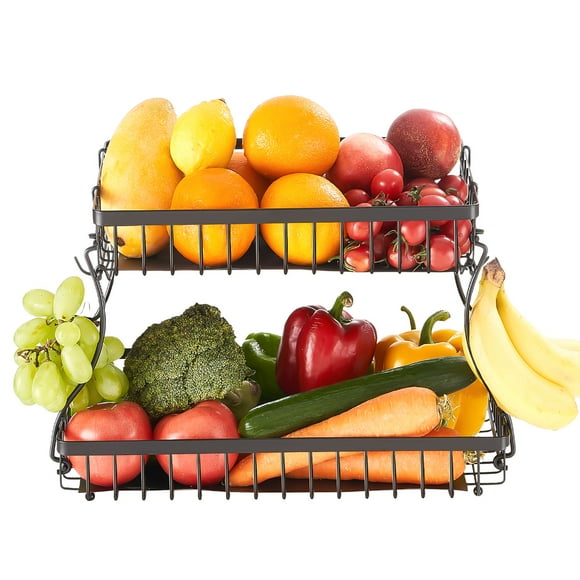 VEVOR 2 Tier Fruit Basket, Countertop Fruits Vegetable Bowl with Banana Hangers, Metal Wire Storage Stand for Kitchen Counter, Detachable Stackable Holder Organizer for Bread Snack Veggies, Black