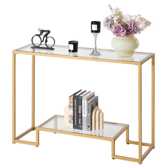 VEVOR 2-Tier Glass Console Table, Modern Rectangle Sofa Side Table with Tempered Glass Top and Iron Legs, Golden Consloe Desk with Anti-Tip Device for Living Room, Hallway, Entryway, Foyer, Golden
