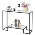 thumbnail image 1 of VEVOR 2-Tier Glass Console Table, Modern Rectangle Sofa Side Table with Tempered Glass Top and Iron Legs, Golden Consloe Desk with Anti-Tip Device for Living Room, Hallway, Entryway, Foyer, Black, 1 of 9