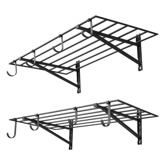 VEVOR 2-Tier Heavy Duty Wall Garage Shelving, 2 x 4 ft Steel Wall Mounted Shelving Unit with Hooks, 24 x 48 Inch Per Shelf Floating Storage Metal Rack for Garage, 520 lbs Total Weight Capacity, Black