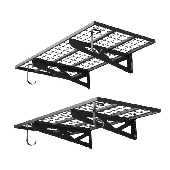 VEVOR 2-Tier Heavy Duty Wall Garage Shelving, 2 x 4 ft Steel Wall Mounted Shelving Unit with Hooks, 24 x 48 Inch Per Shelf Floating Storage Metal Rack for Garage, 500 lbs Total Weight Capacity, Black