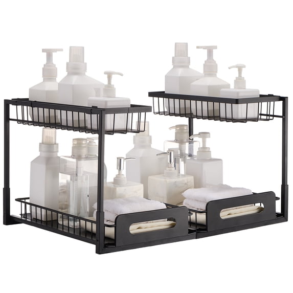VEVOR 2 Tier Pull Out Cabinet Organizer(10.7"W x 14.2"D ), Under Sink Organizer and Storage, Slide Out Drawer Cabinet Organizer,Wire Basket Shelf, 25.5"Wx15.5"Dx13"H Install Size for Cabinet(2 Pack)