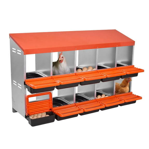 VEVOR 2 Tiers Chicken Nesting Boxes, 10 Compartments, Metal Egg Laying Boxes with Protective Collection Lids, Roll Out Nesting Box, Easy to Assemble, Ideal for Hens, Ducks, Chickens,and Other Poultry