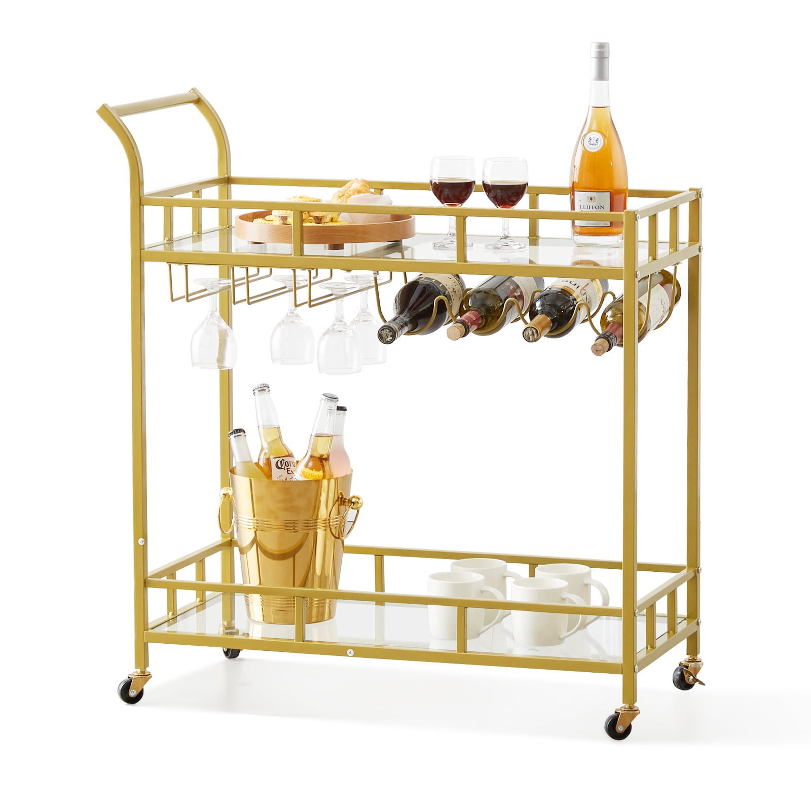 VEVOR 2 Tiers Gold Metal Bar Serving Cart with Wine Rack Glass Holder 120 lbs