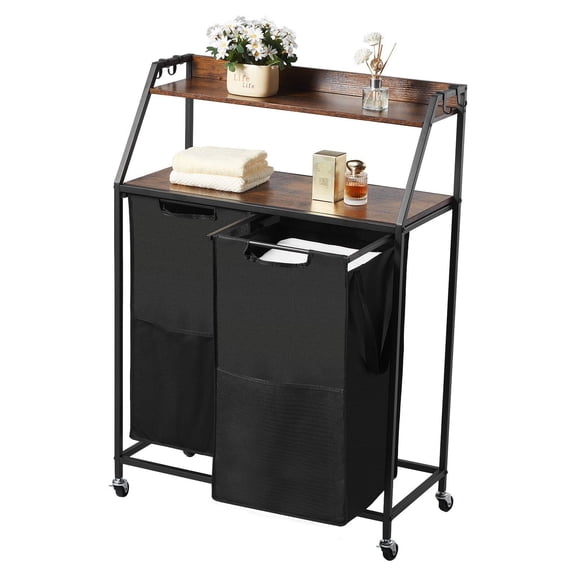VEVOR 2 Tiers Laundry Sorter, Tall Laundry Hamper with Metal Frame and Wooden Tabletop, 2 Section Rolling Basket Organizer Storage with Ladder Shelves