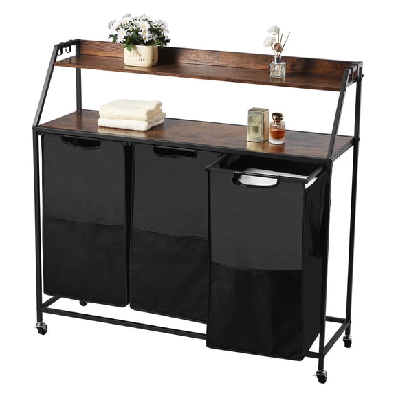 VEVOR 2 Tiers Laundry Sorter, Tall Laundry Hamper with Metal Frame and Wooden Tabletop, 3 Section Rolling Basket Organizer Storage with Ladder Shelves