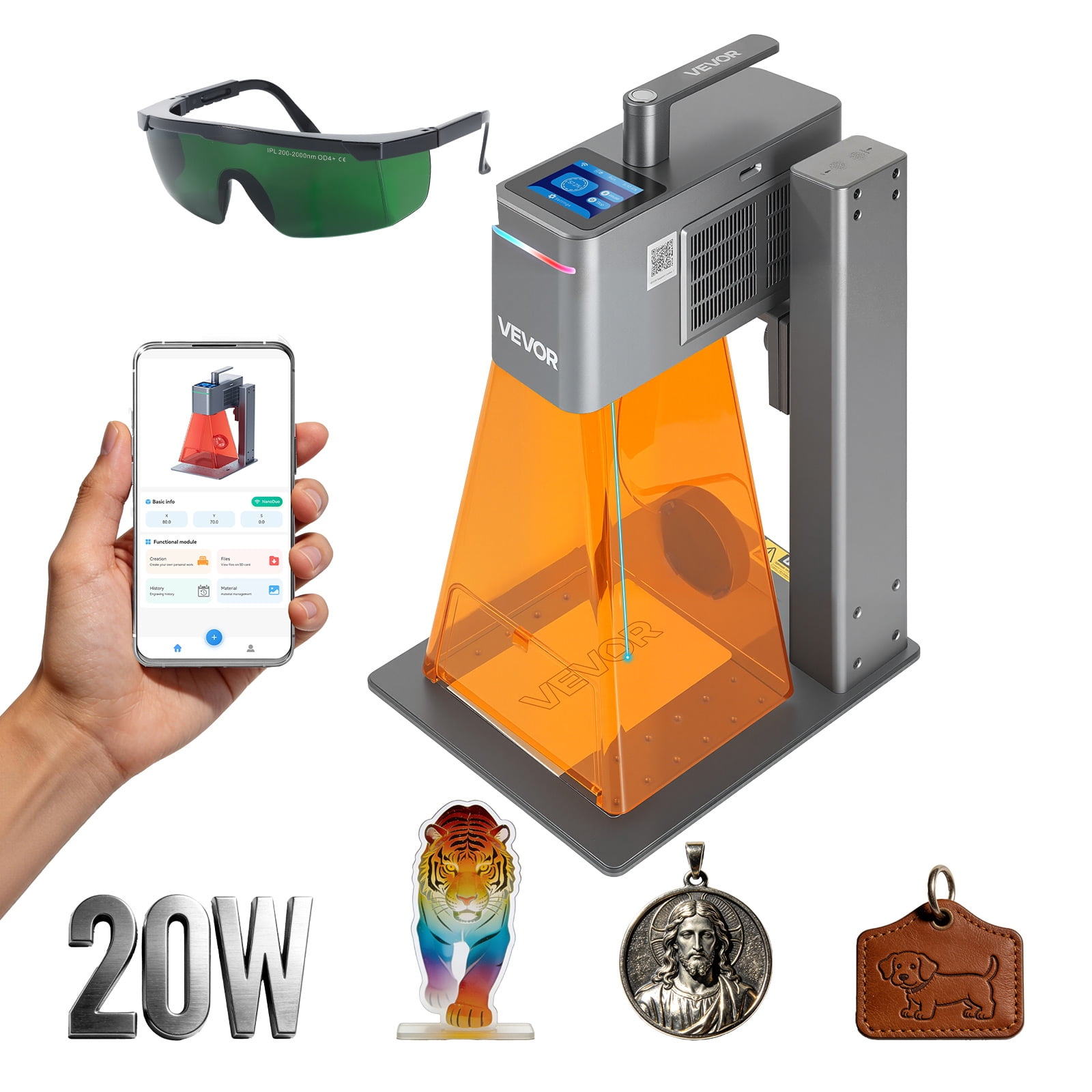 VEVOR 2-in-1 Dual Laser Engraver, 10,000 mm/s High Speed, Portable 20W Blue and 2W IR Laser Engraving Machine, 6.3 x 5.5 in Engraving Area, Manual & Auto Focus, DIY Engraver Tool, for Wood Acrylic