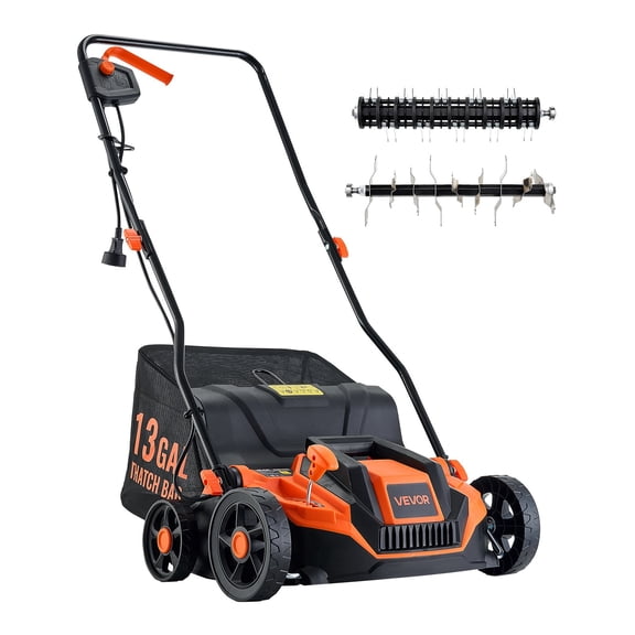 VEVOR 2-in-1 Electric Dethatcher and Scarifier, 13-Inch 13 Amp, Corded Lawn Dethatcher with 13-Gallon Thatch Collection Bag, 5-Position Depth Adjustment, Walk Behind Machine for Garden Yard Grass
