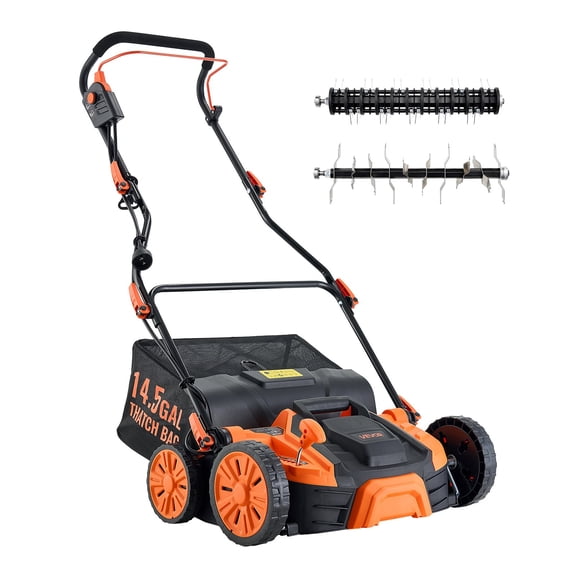 VEVOR 2-in-1 Electric Dethatcher and Scarifier, 16-Inch 15 Amp, Corded Lawn Dethatcher with 14.5-Gallon Thatch Collection Bag, 5-Position Depth Adjustment, Walk Behind Machine for Garden Yard Grass