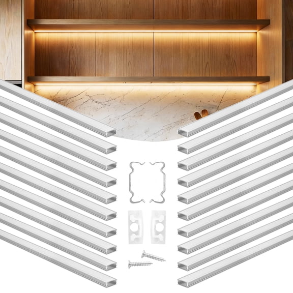 VEVOR 20-Pack 3.3 ft/1M U Shape LED Aluminum Channel, with Milky Cover, End Caps and Mounting Clips, Aluminum Profile for LED Strip Light Installations, Easy Installation, for Under Cabinet Counter
