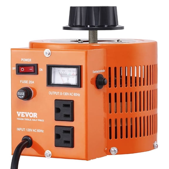 VEVOR 2000VA Auto Variable Voltage Transformer, 15.3 Amp, 110V Input 0-130V Output AC Voltage Regulator Power Supply, with 4 Extra Fuses Thermal Control Switch for Home Industrial Office
