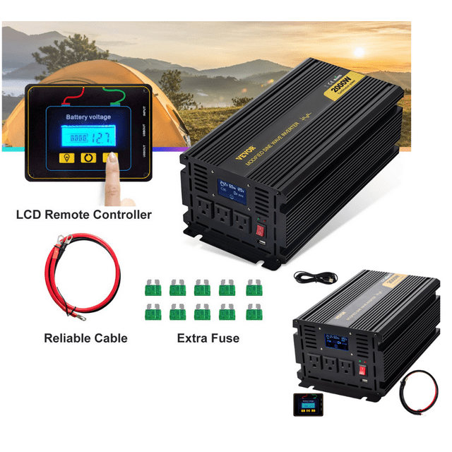 VEVOR 2000W Power Inverter DC 24V to AC 120V Converter with Remote