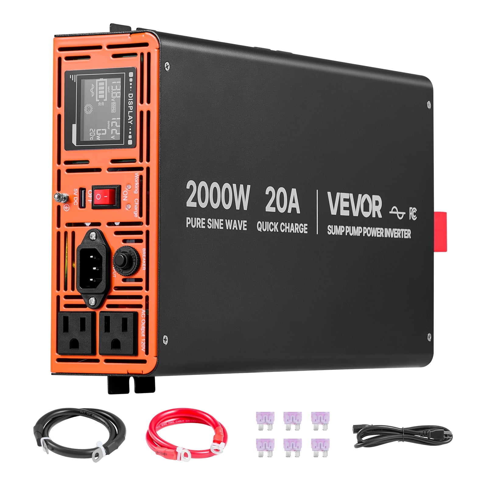 VEVOR 2000W Sump Pump Battery Backup System, LCD Display, Auto Switches to Battery Inverter Power for Sump Pump, Pure Sine Wave, for Basement Protection Emergency and Power Outage,Battery Not Include