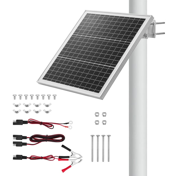 VEVOR 20W 12V Solar Panel Battery Charger, Solar Battery Trickle Charger Maintainer with Built-in Controller & 0-60 Adjustable Pole Mount Bracket, IP67 for Gate Fence Farm Lawn(Fit 1.5" - 3" Poles)