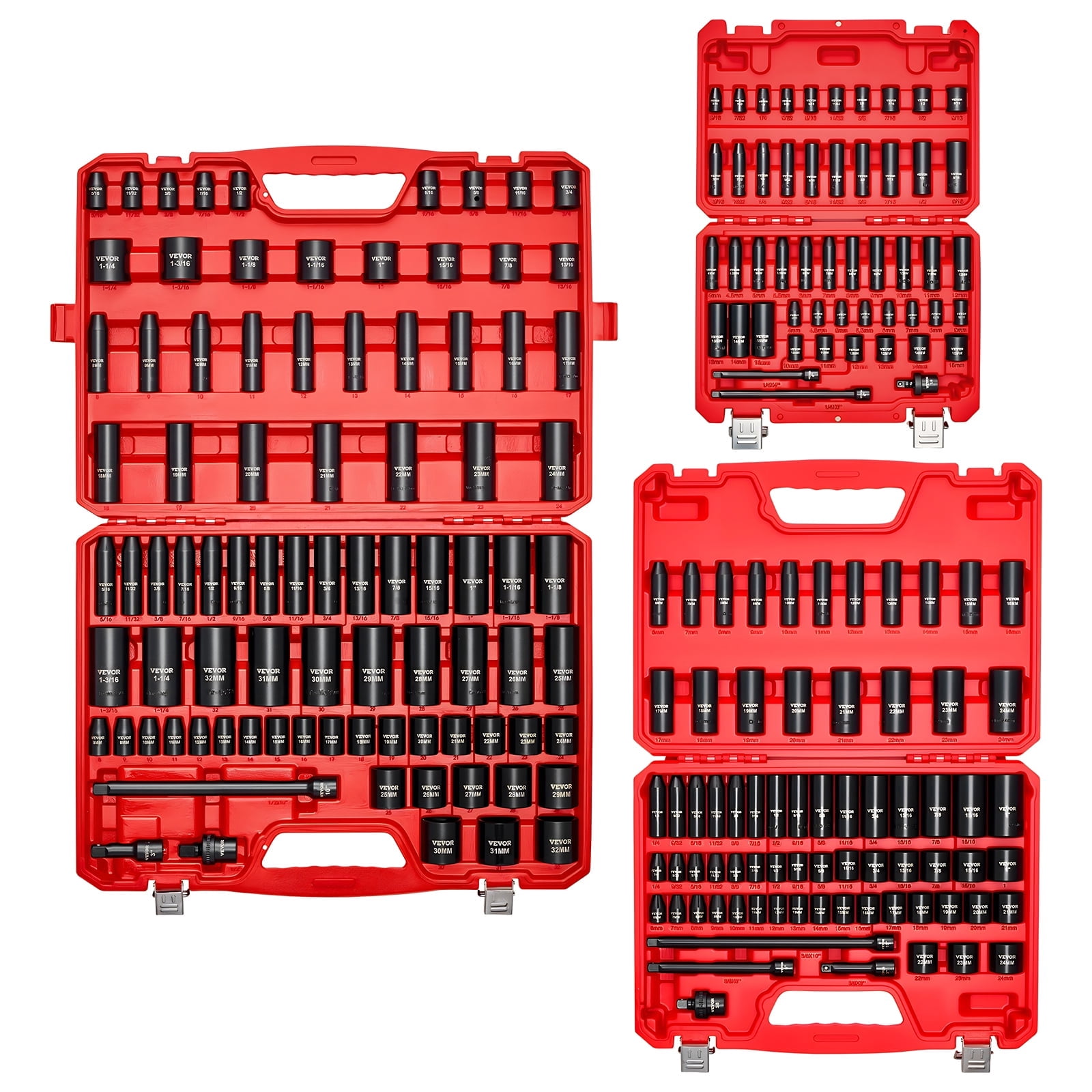 VEVOR 210 Piece Drive Impact Socket Set, 1/4, 3/8, 1/2 Inch, 6 Point Deep & Shallow Impact Sockets, SAE (3/16 to 1-1/4 in) and Metric (4 to 32 mm) Sizes with Extension Bars, Cr-V Steel, Carrying Case