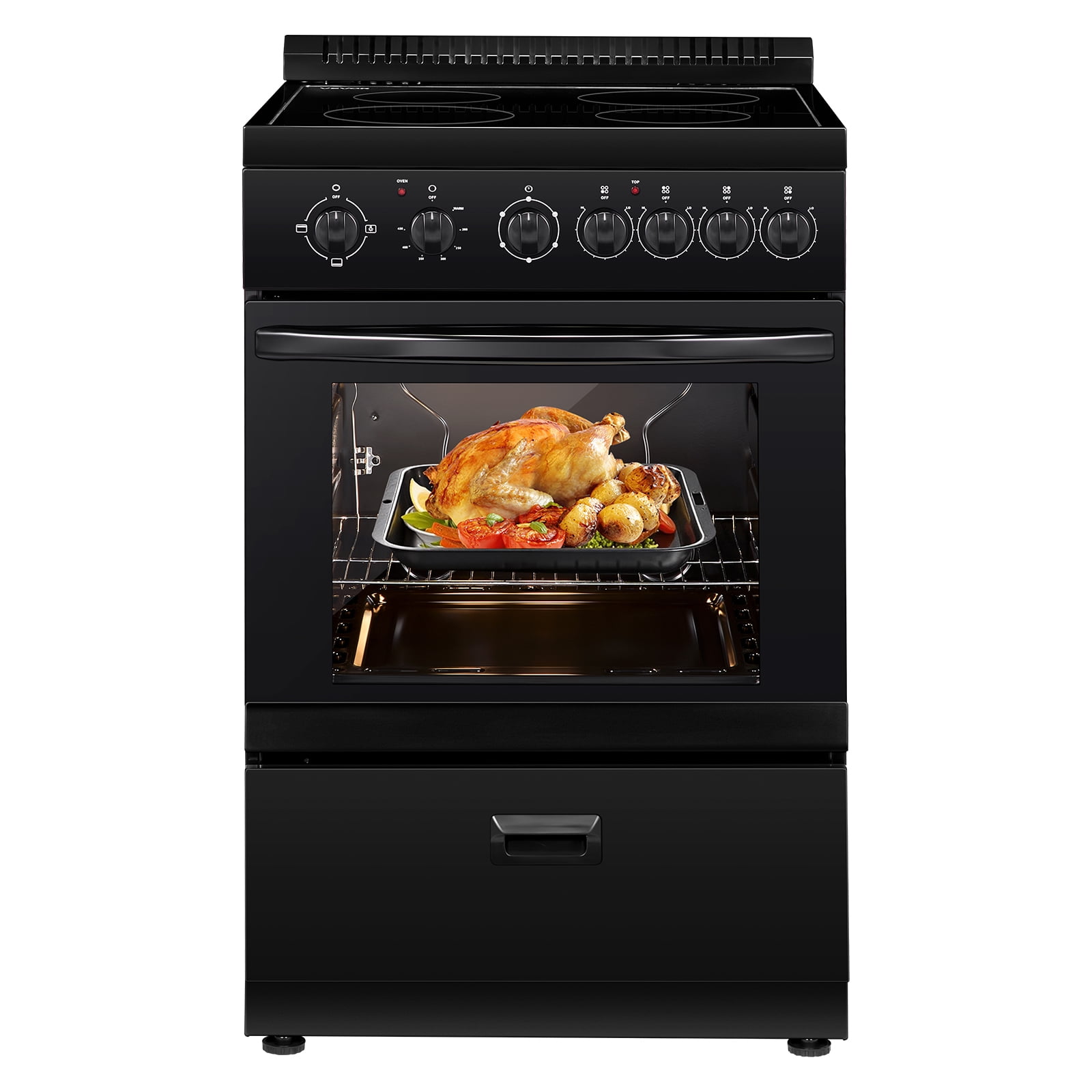 VEVOR 24 in Electric Range Oven,2.7 Cu. Ft. Capacity Compact Freestanding Oven, Stainless Steel Kitchen Stove with 4 Burners, Easy Reach Rack, Storage Drawer, Drip Pan, Indicator Light(No Power Cord)