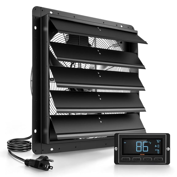 VEVOR 24 Inch Shutter Exhaust Fan Wall Mounted Automatic Louvers EC Motor, Steel Housing, Temperature & Humidity Controller, Ventilation & Cooling for Attic, Garage, Barn, Greenhouse, Workshop, Black