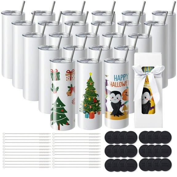 VEVOR 24 Pack Sublimation Tumblers 20oz Skinny Straight, Stainless Steel Sublimation Tumblers Blank,Stainless Steel Double Wall Tumbler for Heat Transfer Customized Gifts with Lid and Straw,Gift Box