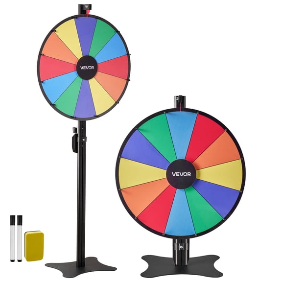 VEVOR 24 in Spinning Prize Wheel, 12 Slots Spinning Wheel with Stand, Adjustable Height Win Fortune Roulette with a Dry Erase and 2 Markers, 6 Colors, Easy Assembly, for Party Pub Trade Show Carnival