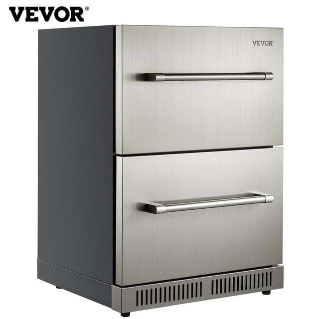 VEVOR 24" Undercounter Built-in Refrigerator 5.12 Cu.ft. Double Drawer Indoor/Outdoor Beverage Fridge with 32-99°F Range, Ventilated Cooling for Home and Commercial Use Stainless Steel, Silver