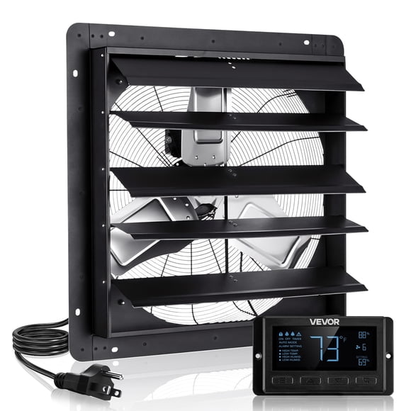 VEVOR 24 inch Shutter Exhaust Fan, Wall Mounted Attic Vent Fan with Smart Programming Variable Speed Temperature Control, 2900 CFM,EC Motor,Timer, for Shed,Garage,Greenhouse Ventilation Cooling,Black