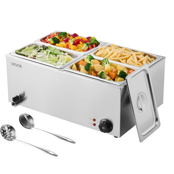 VEVOR 24QT Commercial Food Warmer, 4-Pan Electric Steam Table, 1200W Professional Countertop Stainless Steel Buffet Bain Marie with 86-185F Temp Control for Catering, Buffet, Parties, Restaurants