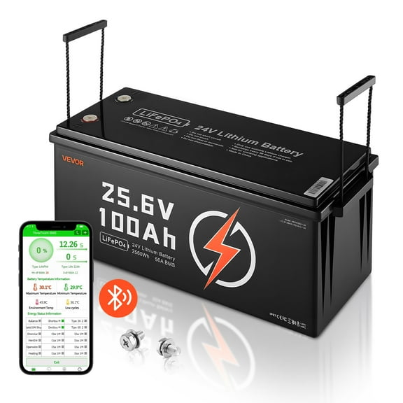 VEVOR 24V 100Ah LiFePO4 Lithium Battery, Bluetooth, Deep Cycle Lithium Rechargeable Battery, Built-in 50A BMS, Low Temp Protection, 4000+ Cycles, Max. 2560Wh, for RV, Camper, Trolling Motors, Marine