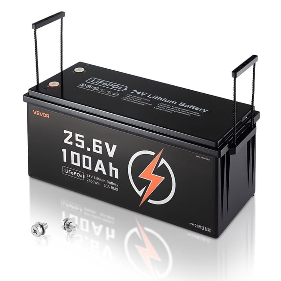 VEVOR 24V 100Ah LiFePO4 Lithium Battery, Built-in 50A BMS, Deep Cycle Lithium Rechargeable Battery with Low Temperature Protection, 4000+ Cycles, Max. 2560Wh, for RV, Camper, Trolling Motors, Marine
