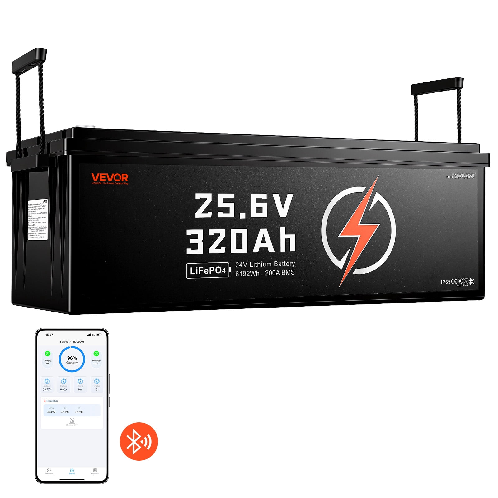 VEVOR 24V 320Ah LiFePO4 Lithium Battery 4000+ Cycles 200A BMS with Bluetooth, 8192Wh Lithium Battery with Low Temperature Protection, Supports 8P2S Connection, for RV, Trolling Motor, Marine, Solar