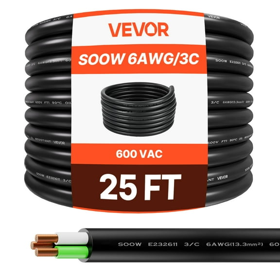 VEVOR 25 FT 6AWG Portable Power Cable (3 Conductor), Heavy Duty 600V SOOW Electrical Power Cable, Industrial Grade Electric Wire, Premium CPE Rubber Jacket, Copper Extension Cord for Welder Machine