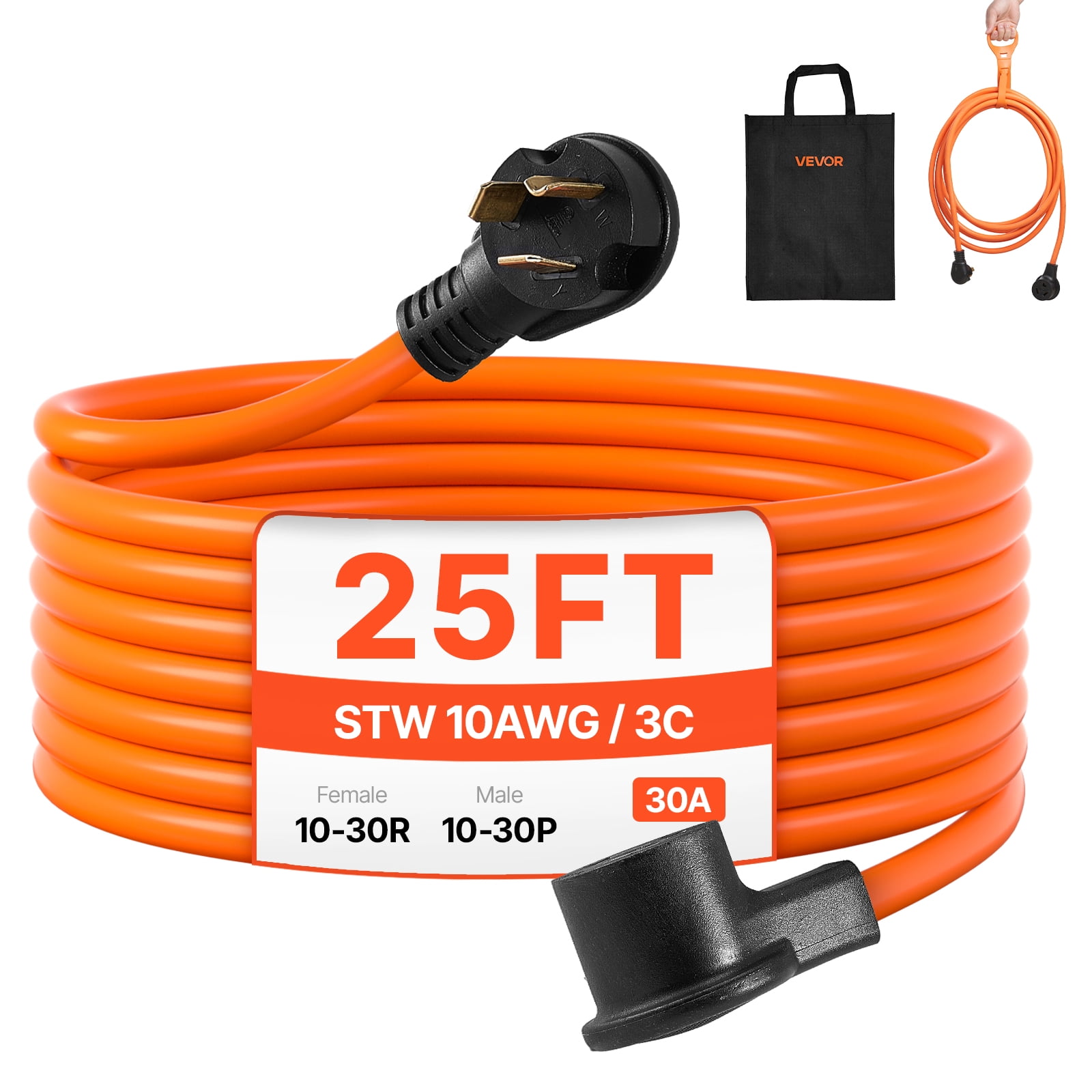 VEVOR 25 ft Dryer Extension Cord, 3-Prong NEMA 10-30P to 10-30R Dryer Cord, 125V/250V STW 10AWG/3C, 30A, Pure Copper Wire Cable with Black Non-woven Bag and PVC Cable Tie, Ideal for Indoor & Outdoor