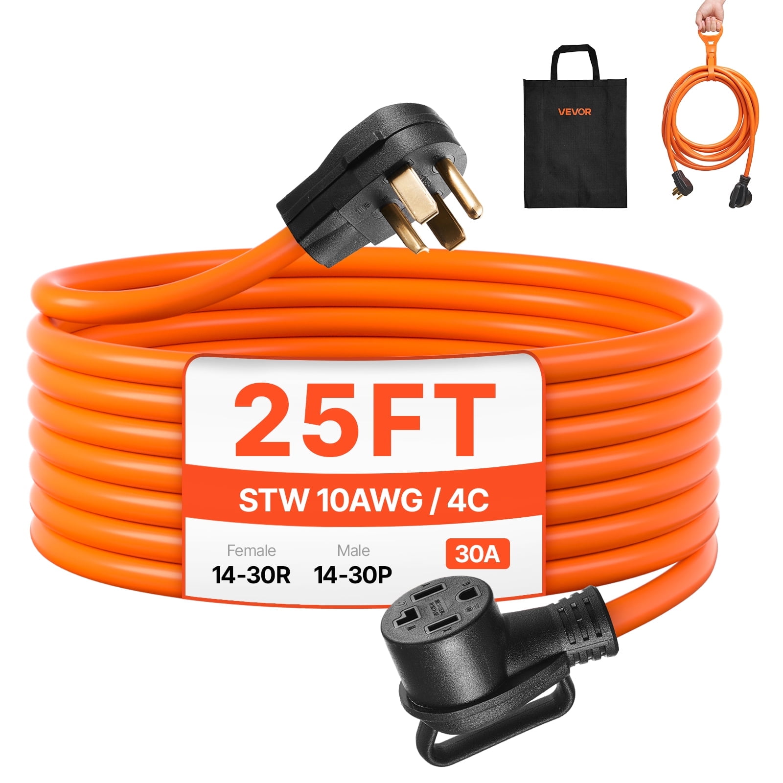 VEVOR 25 ft Dryer Extension Cord, 4-Prong NEMA 14-30P to 14-30R Dryer Cord, 125V/250V, STW 10AWG/4C, 30A, Pure Copper Wire Cable with Black Non-woven Bag and PVC Cable Tie, for Outdoor & Indoor Use
