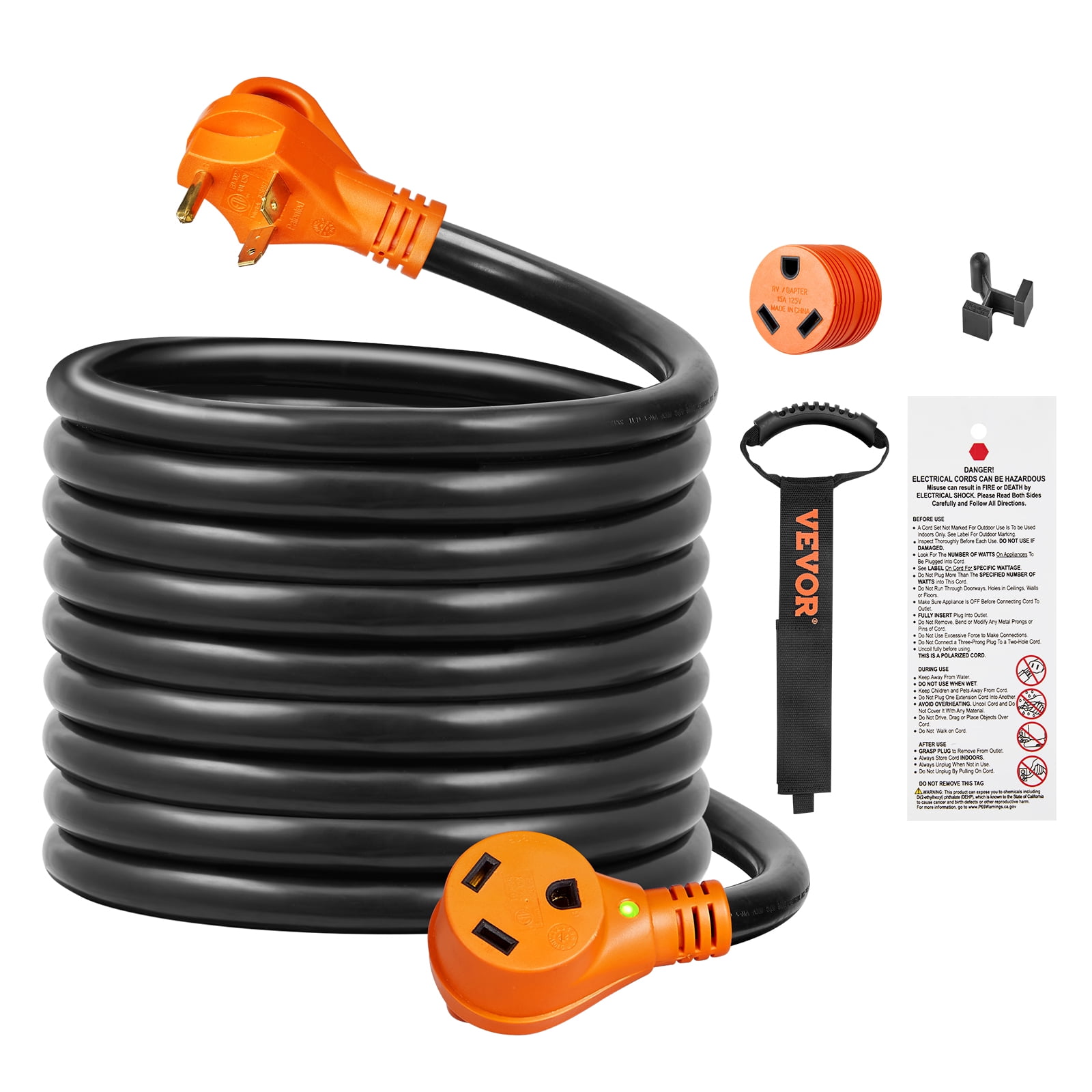 VEVOR 25 ft RV Extension Cord, 30 Amp, Heavy Duty STW RV Power Cord, NEMA TT-30R Female NEMA TT-30P Male Plug, with LED Indicator Handle 15A Adapter, for RVs, trams, generators, Campers, ETL Listed