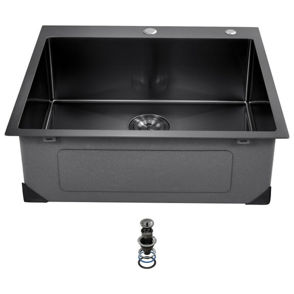 VEVOR 25 inch Kitchen Sink Workstation, 304 Stainless Steel Top Mount Sinks, Drop-In Single Bowl Farmhouse Basin with Accessories, Household Dishwasher Sinks for RV, Prep Kitchen, and Bar (Black)