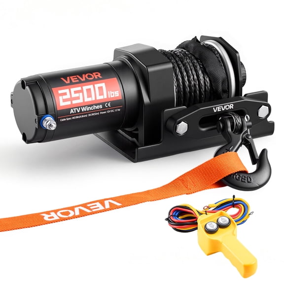 VEVOR 2500 lbs Electric Winch, 12V DC ATV/UTV Winch with 0.19 in x 39.4 ft Synthetic Rope & Wired Remote Control, IP55 Waterproof, Aluminum Housing Fairlead Mount Plate for Towing ATV, Black