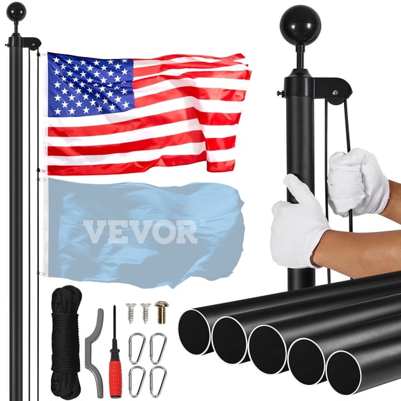 VEVOR 25FT Sectional Flag Pole Kit, Heavy Duty Aluminum Alloy in Ground Flag Poles for Outside, 3 Display Modes Flagpole with 3x5 American Flag, Professional Accessories, Black