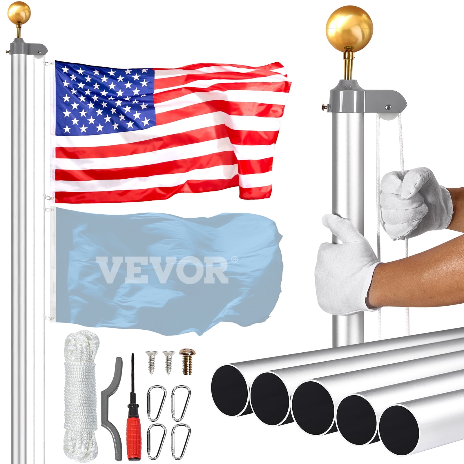 VEVOR 25FT Sectional Flag Pole Kit, Heavy Duty Aluminum Alloy in Ground Flag Poles for Outside, 3 Display Modes Flagpole with 3x5 American Flag, Professional Accessories, Silver