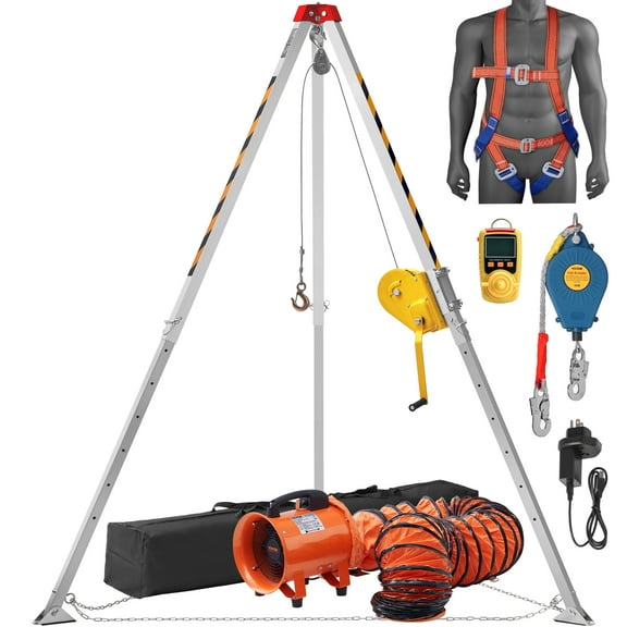 VEVOR 2600 lbs Winch Confined Space Tripod Kit, Confined Space Tripod 8' Legs and 98' Cable, Confined Space Rescue Tripod 33' Fall Protection with Blower, Gas detector, Harness.