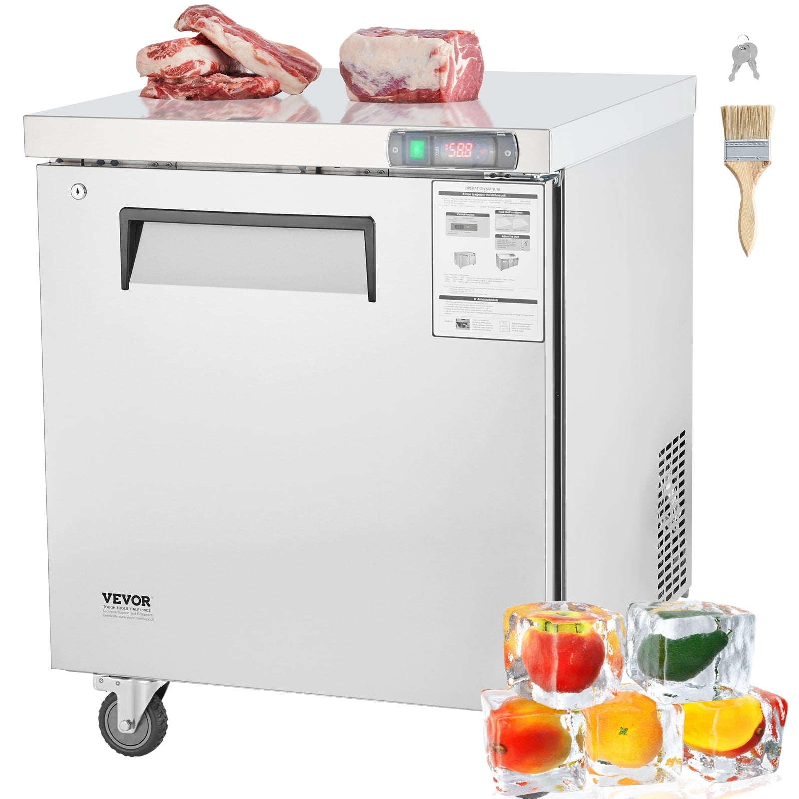 VEVOR 28" Commercial Frozen Refrigerator Sandwich & Salad Prep Table, 7.4 Cu. Ft Stainless Steel Refrigerated Food Prep Station with 1 Door, Frost Free Refrigerator