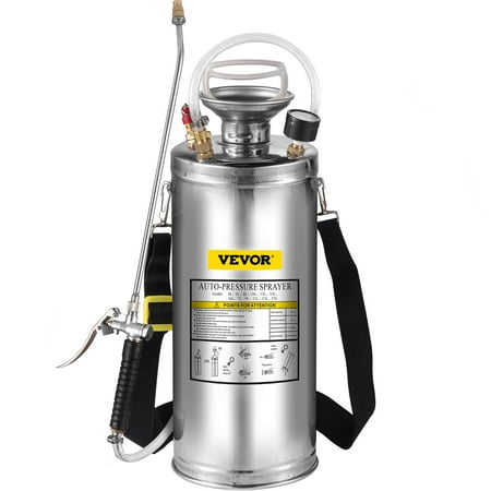 VEVOR 2G Stainless Steel Sprayer, Full Set with 20" wand& handle& 3.3" Reinforced Hose, Hand Pump Sprayer with Pressure Gauge&Safety Valve, Adjustable Nozzle Suitable for Gardening and Sanitizing