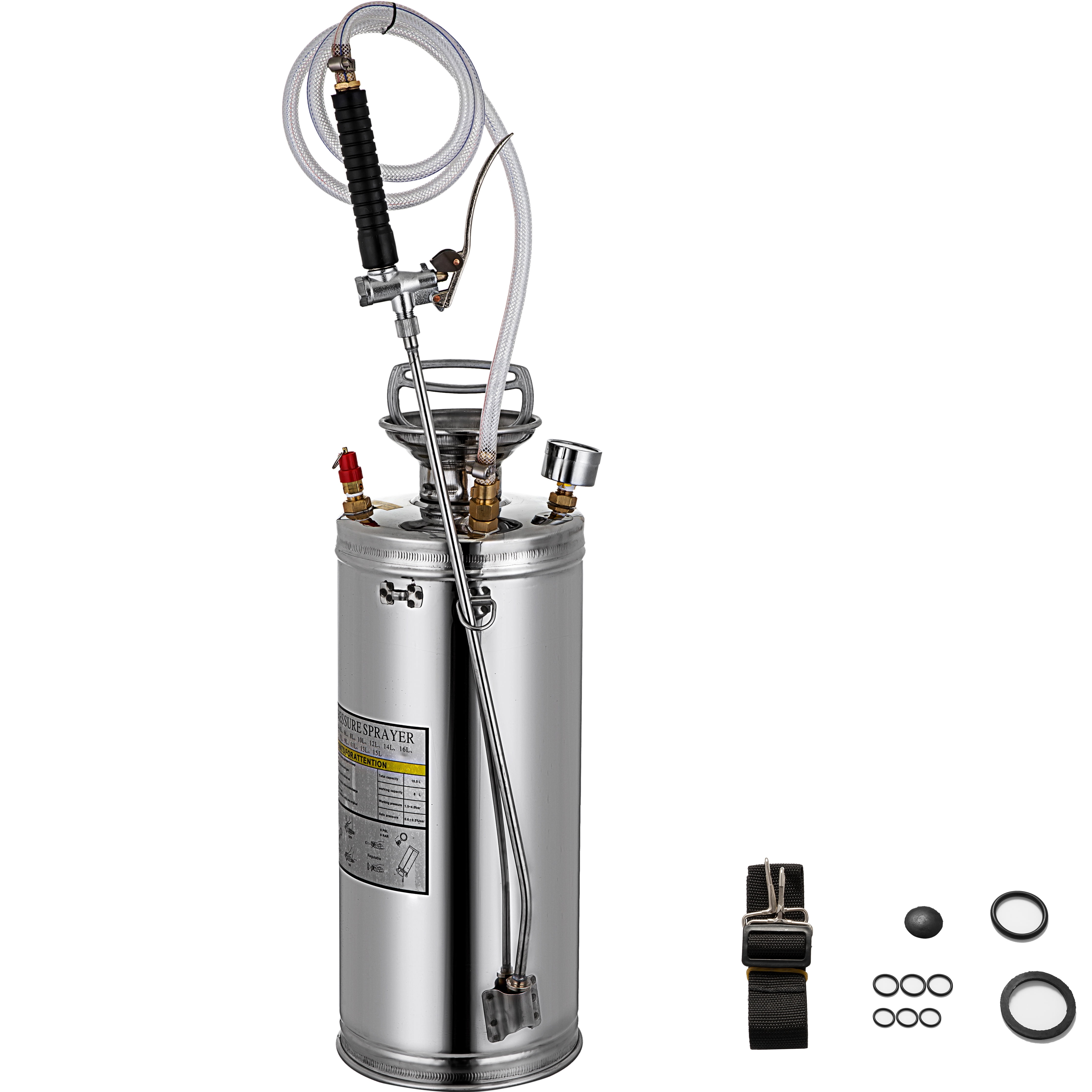 VEVOR 2Gal Stainless Steel Sprayer, Set with 20’’ Wand& Handle& 3.3’’ Reinforced Hose, Hand Pump Sprayer with Pressure Gauge&Safety Valve, Adjustable Nozzle Suitable for Gardening and Sanitizing