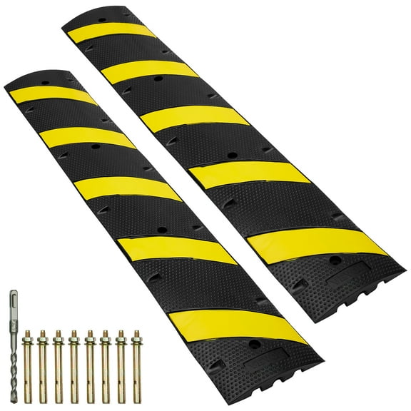 VEVOR 2PCs 6 ft/72'' Rubber Speed Hump, 2 Channel, 22000 lbs Capacity Heavy Duty Traffic Speed Bump, with High Reflective Yellow Strip 8 Expansion Screws and 1 Drill, Asphalt Concrete Gravel Roads