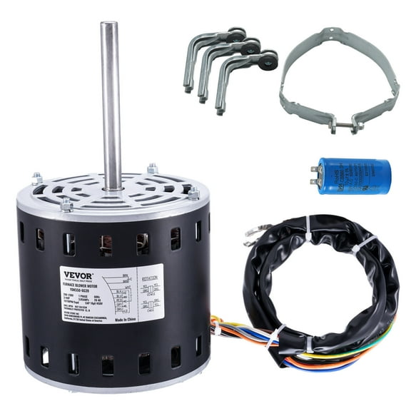 VEVOR 3/4HP Furnace Blower Motor, 208/230V 3.85Amps, 1075RPM 5 Speeds, CW/CCW Rotation, 48 Frame 4.8" Shaft Length, 10F/450V Capacitor + 11" Hold Hoop