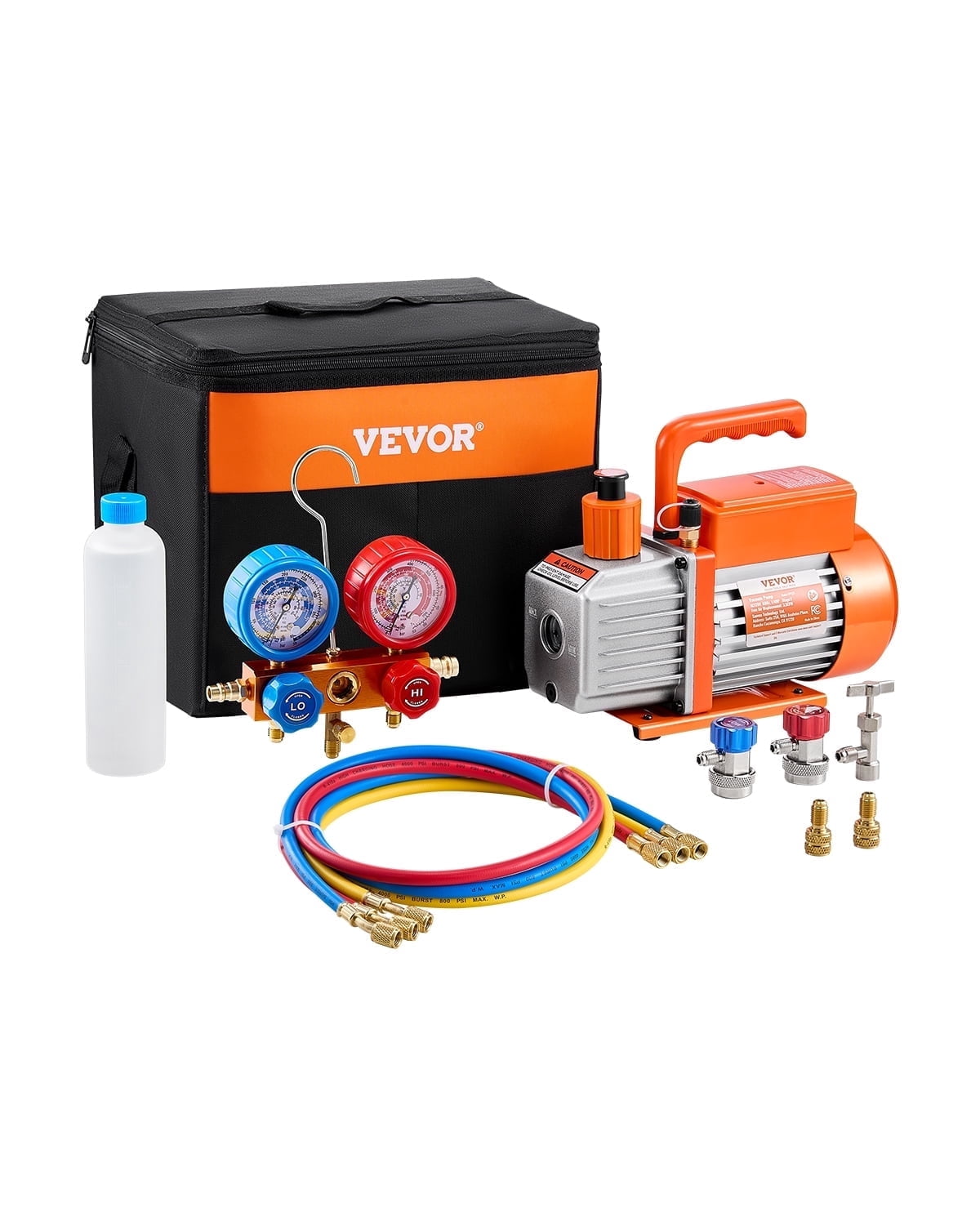 VEVOR 3.5 CFM AC Vacuum Pump and Gauge Set,Single Stage Rotary Vane HVAC Air Vacuum Pump,A/C&nbsp;Refrigerant&nbsp;Manifold Gauge Kit, with Hoses,for R134a,R12,R22,R502a,R410A,R404,R407C Refrigerants