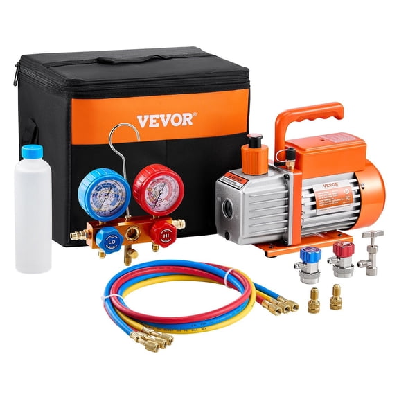VEVOR 3.5 CFM AC Vacuum Pump and Gauge Set, Single Stage Rotary Vane HVAC Air Vacuum Pump, A/C Refrigerant Manifold Gauge Kit, with Hoses, for R134a,