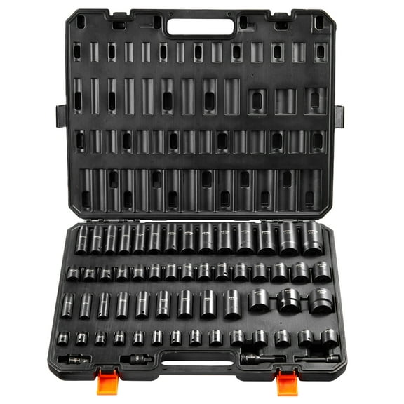 VEVOR 3/8" & 1/2" Drive Impact Socket Set, 59PCS Socket Set SAE 5/16" to 1-1/4" and Metric 6-32mm, 6 Point Cr-Mo Alloy Steel for Auto Repair, Easy-to-Read Markings, Rugged Construction, Storage Case